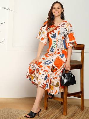 abstract print flared rayon dress for women 3