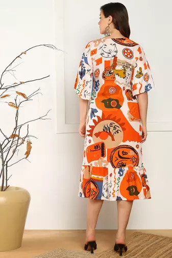 abstract print flared rayon dress for women