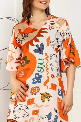 abstract print flared rayon dress for women