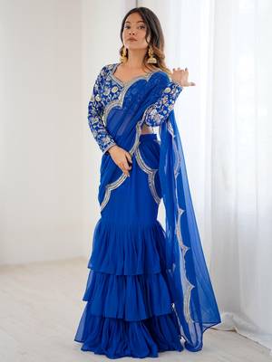 blue sequins georgette lehenga saree 1