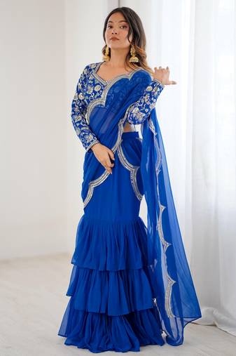 Gorgeous Blue Sequins Georgette Wedding Wear Lehenga Saree