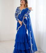 Gorgeous Blue Sequins Georgette Wedding Wear Lehenga Saree