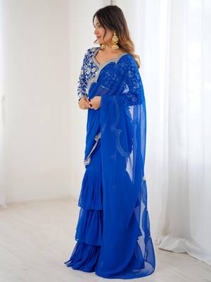 blue sequins georgette lehenga saree 3