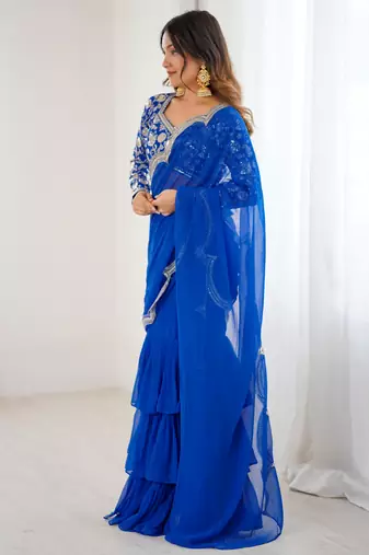 blue sequins georgette lehenga saree