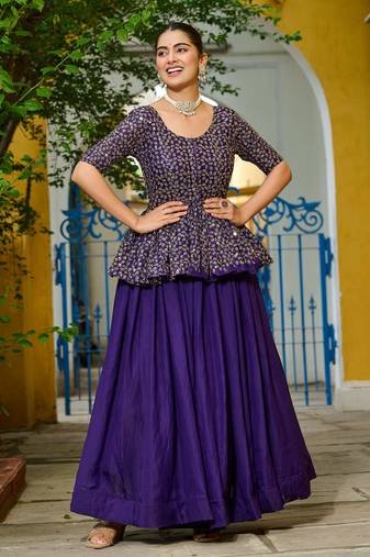 purple silk embroidered peplum top with lehenga