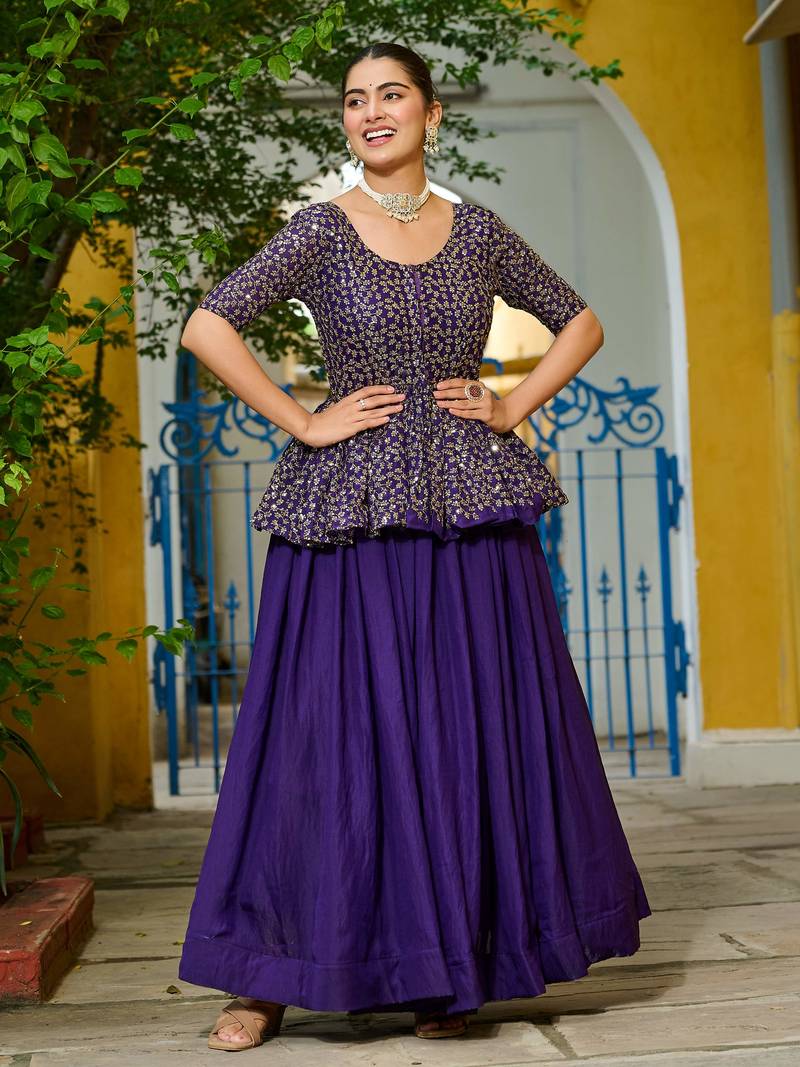 purple silk embroidered peplum top with lehenga