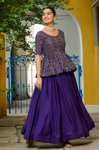 purple silk embroidered peplum top with lehenga