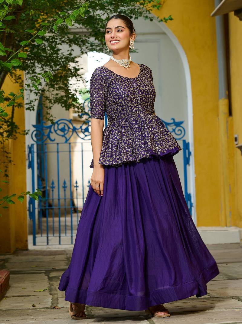 purple silk embroidered peplum top with lehenga