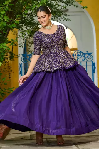 purple silk embroidered peplum top with lehenga