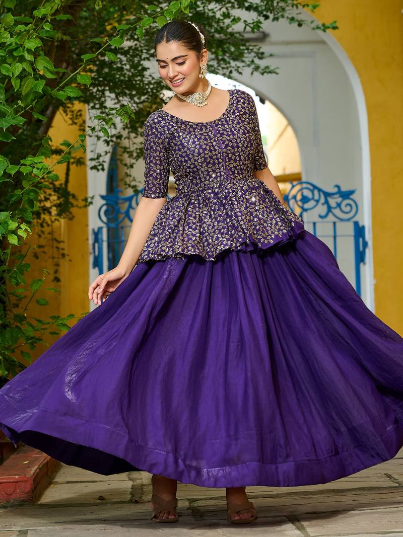purple silk embroidered peplum top with lehenga