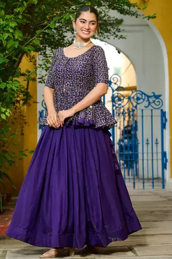 purple silk embroidered peplum top with lehenga