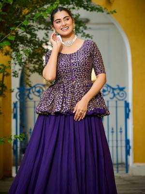 purple silk embroidered peplum top with lehenga 6