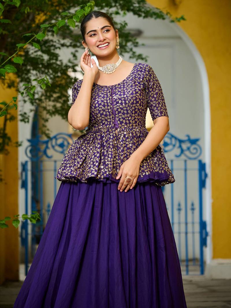 purple silk embroidered peplum top with lehenga