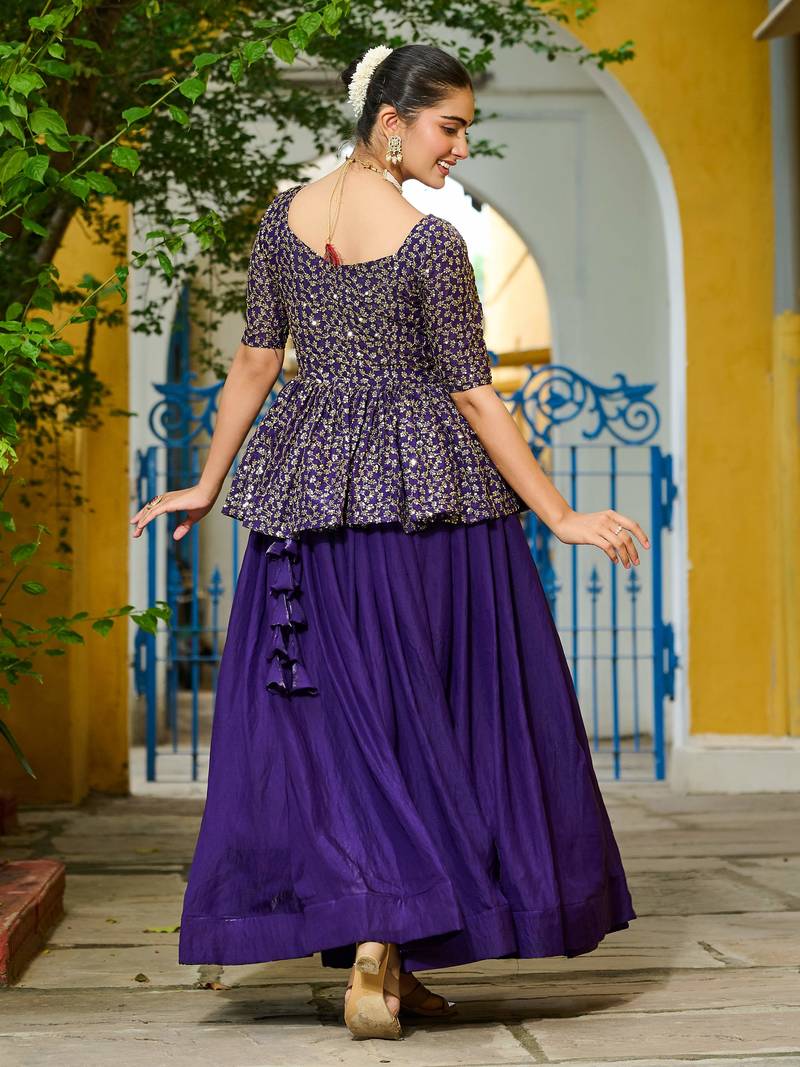 purple silk embroidered peplum top with lehenga