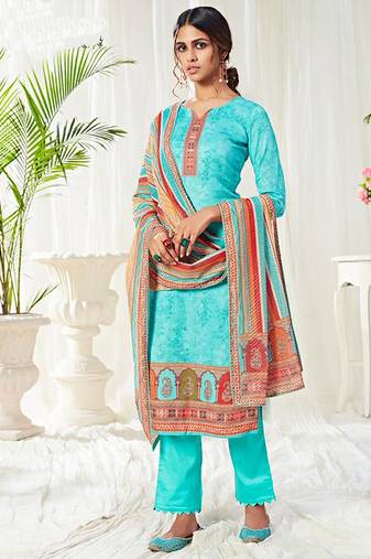 Sky blue cotton digital printed swarwoski work salwar suit