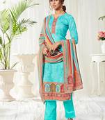 Sky blue cotton digital printed swarwoski work salwar suit