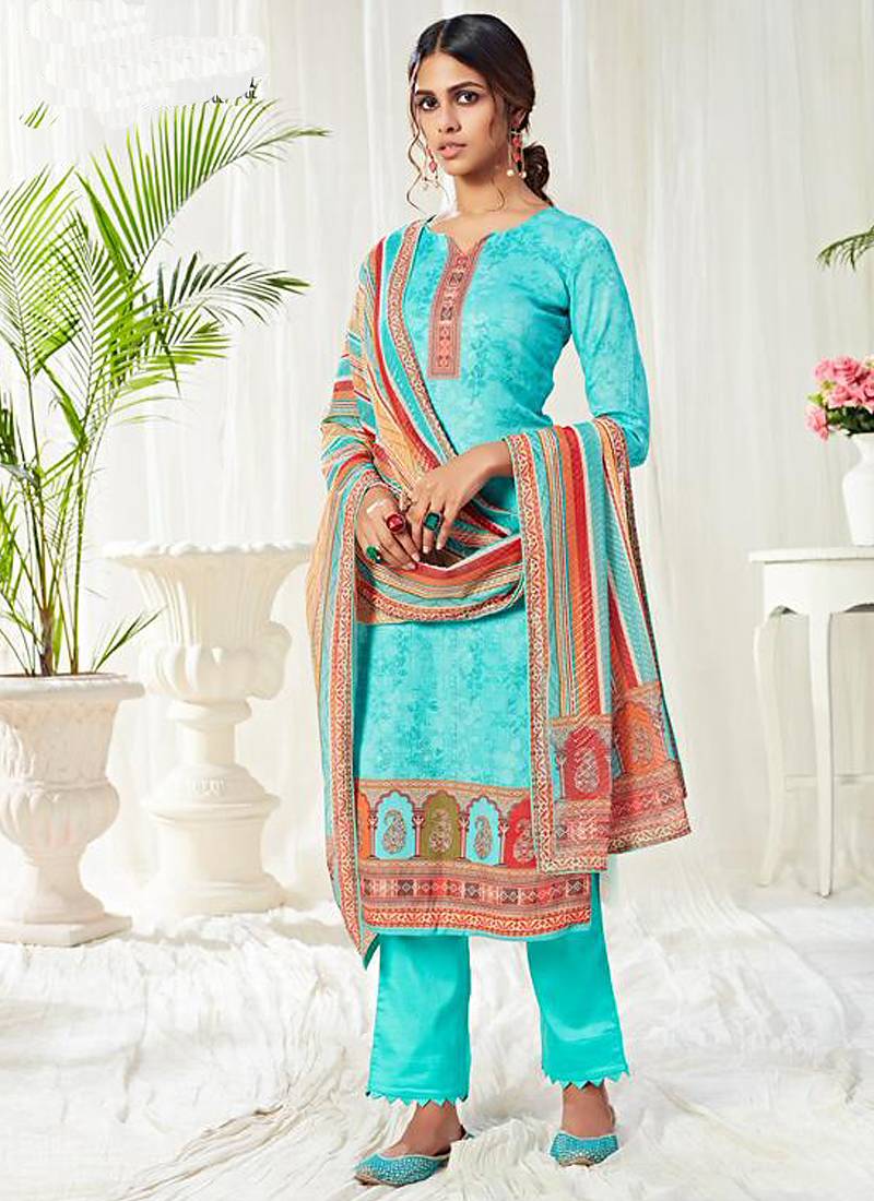 Sky blue cotton digital printed swarwoski work salwar suit