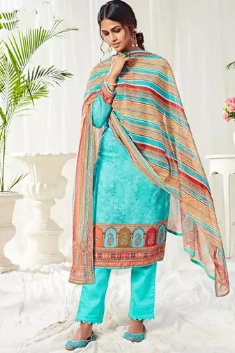 Sky blue cotton digital printed swarwoski work salwar suit