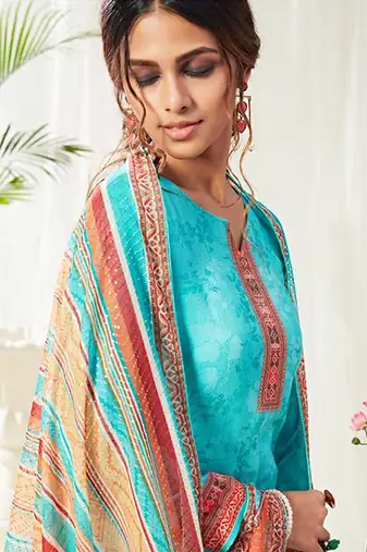 Sky blue cotton digital printed swarwoski work salwar suit