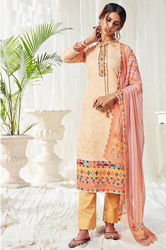 Cream cotton digital printed swarwoski work salwar suit