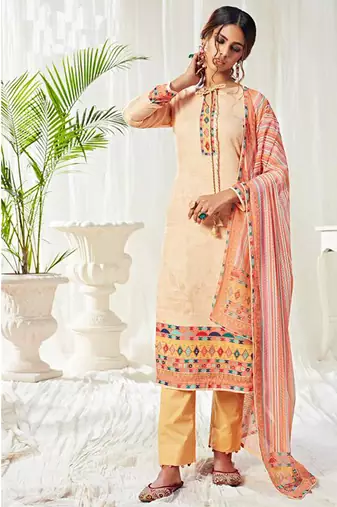 Cream cotton digital printed swarwoski work salwar suit