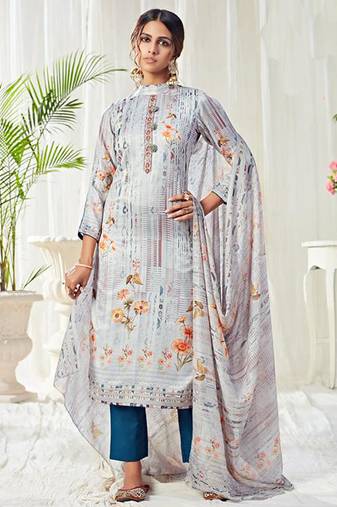 Light blue cotton digital printed swarwoski work salwar suit