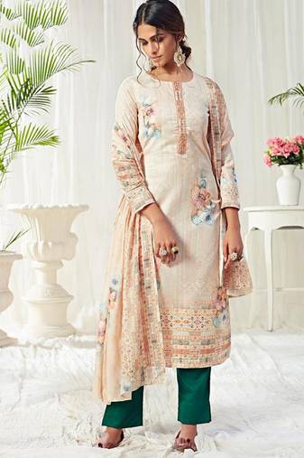 Off white cotton digital printed swarwoski work salwar suit