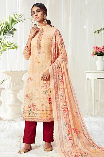 Cream cotton digital printed swarwoski work salwar suit