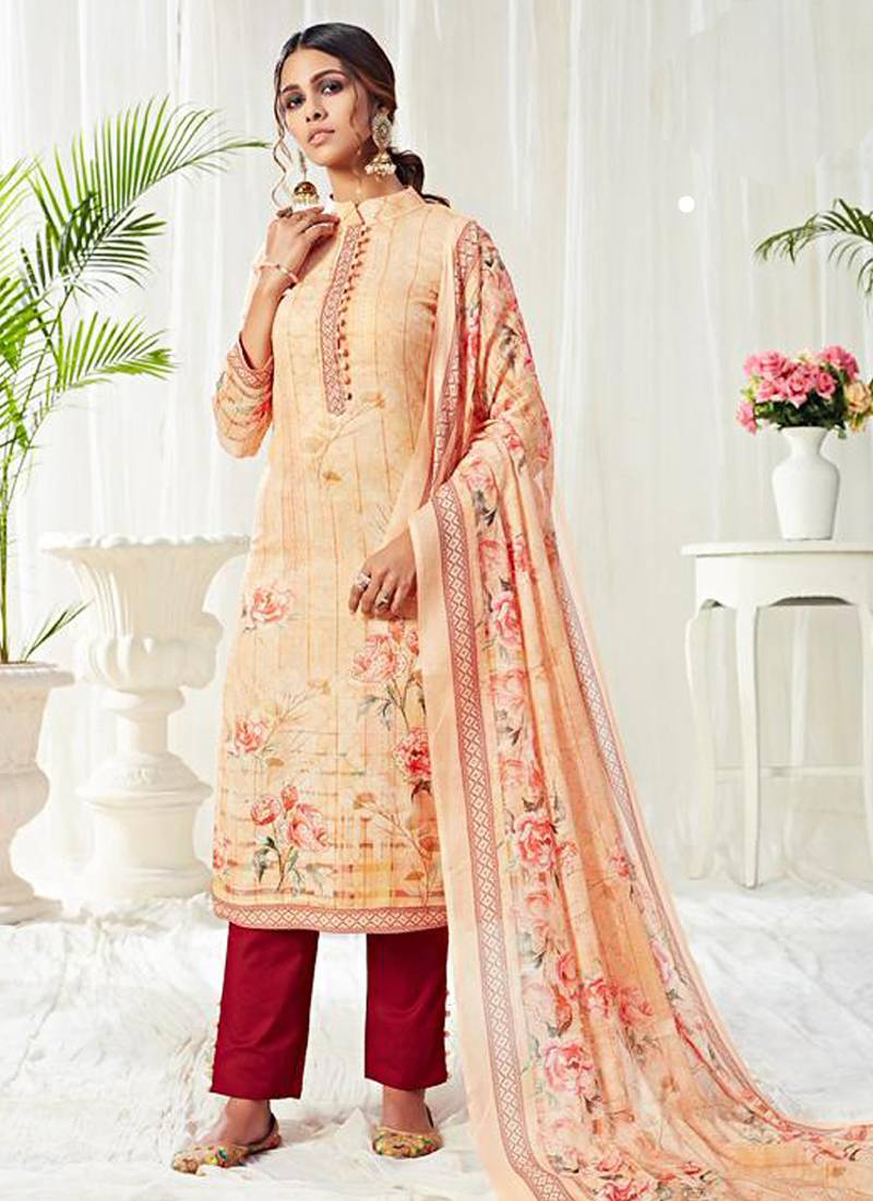 Cream cotton digital printed swarwoski work salwar suit