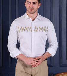 Pier seven men's white designer party wear cotton blend shirt with gold abstract hand embroidery