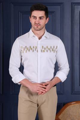 Pier seven men's white designer party wear cotton blend shirt with gold abstract hand embroidery 2