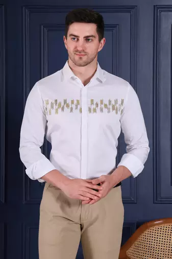 Pier seven men's white designer party wear cotton blend shirt with gold abstract hand embroidery
