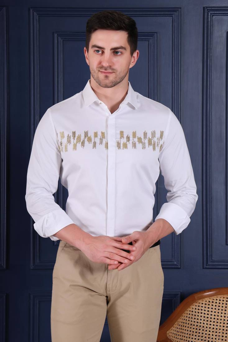 Pier seven men's white designer party wear cotton blend shirt with gold abstract hand embroidery