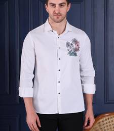 Pier seven men's premium white slim-fit cotton blend shirt with elegant floral chest embroidery