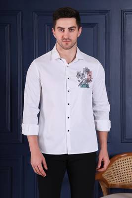 Pier seven men's premium white slim-fit cotton blend shirt with elegant floral chest embroidery 2