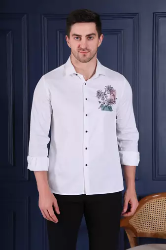Pier seven men's premium white slim-fit cotton blend shirt with elegant floral chest embroidery