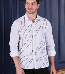 Pier seven men’s white cotton blend hand embroidered slim fit  shirt