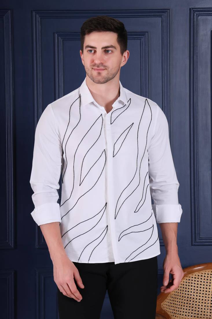 Pier seven men’s white cotton blend hand embroidered slim fit  shirt