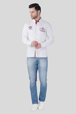 Pier seven men white solid casual cotton shirt with embroidered detailing – regular fit, full sleeve 1
