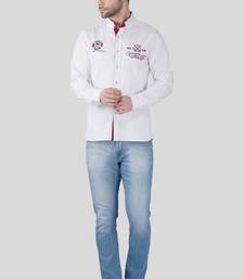 Pier seven men white solid casual cotton shirt with embroidered detailing – regular fit, full sleeve