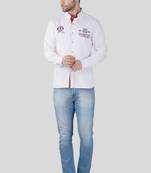 Pier seven men white solid casual cotton shirt with embroidered detailing – regular fit, full sleeve