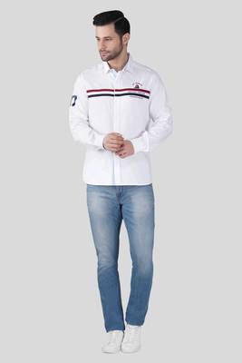 Pier seven men’s white casual cotton shirt with nautical stripe detail | full sleeve regular fit shirt 1