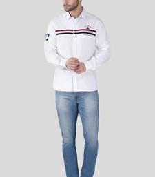 Pier seven men’s white casual cotton shirt with nautical stripe detail | full sleeve regular fit shirt