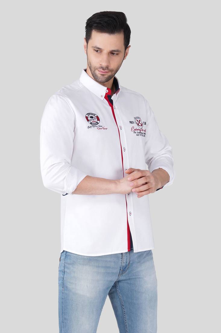 Pier seven men white solid casual cotton shirt with embroidered detailing – regular fit, full sleeve