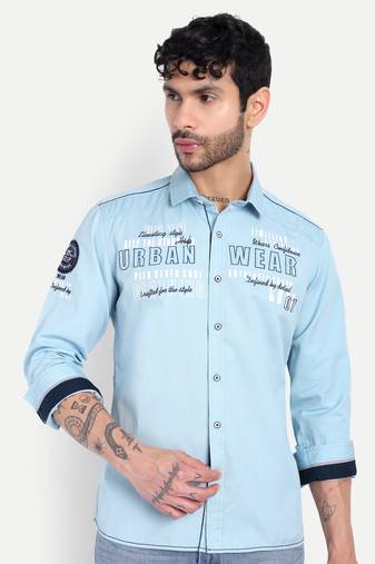 Pier seven men’s light blue cotton regular fit printed  & embroidered casual shirt | urban wear full sleeve shirt
