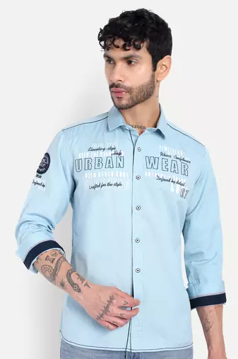 Pier seven men’s light blue cotton regular fit printed  & embroidered casual shirt | urban wear full sleeve shirt