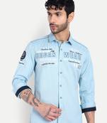 Pier seven men’s light blue cotton regular fit printed  & embroidered casual shirt | urban wear full sleeve shirt