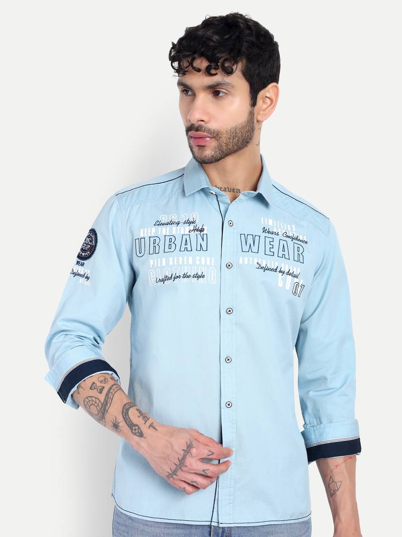 Pier seven men’s light blue cotton regular fit printed  & embroidered casual shirt | urban wear full sleeve shirt