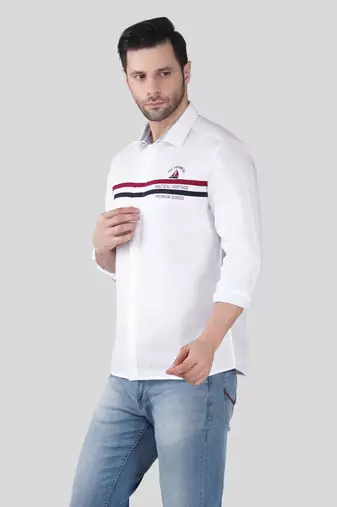 Pier seven men’s white casual cotton shirt with nautical stripe detail | full sleeve regular fit shirt