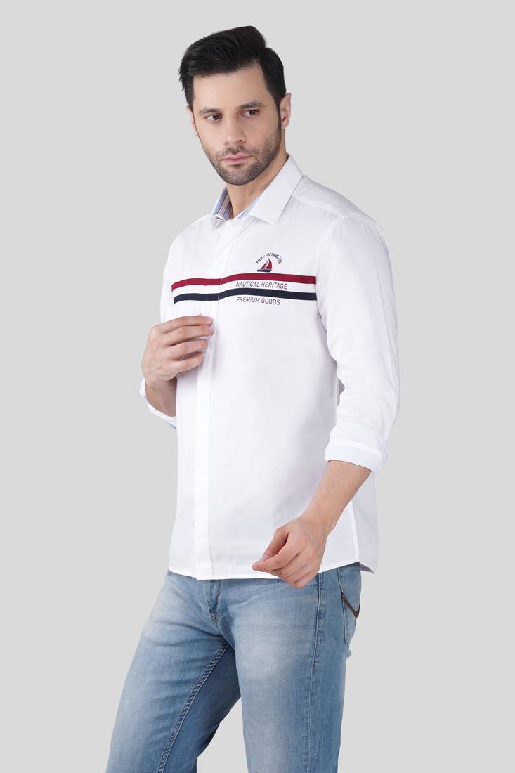 Pier seven men’s white casual cotton shirt with nautical stripe detail | full sleeve regular fit shirt